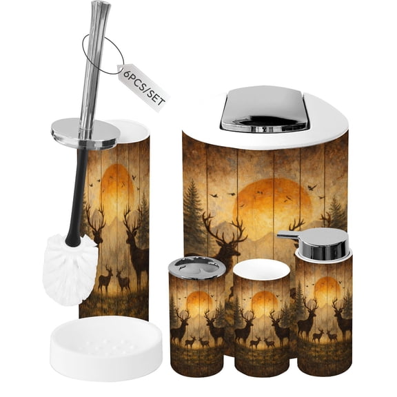 Rustic Bathroom Accessory Set 6 Piece Bear Wooden Board Farmhouse Wild Animal Forest Trash can, Toothbrush Holder, Toothbrush Cup, Soap Dispenser, Soap Dish, Toilet Brush Holder