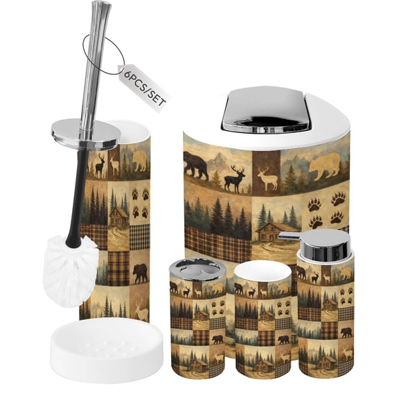 Rustic Bathroom Accessory Set 6 Piece Cabin Bear Deer Moose Vintage Animal Country Trash can, Toothbrush Holder, Toothbrush Cup, Soap Dispenser, Soap Dish, Toilet Brush Holder