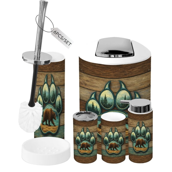 Rustic Bathroom Accessory Set 6 Piece Wild Bear Retro Blue Wooden Stripes Paw Print Trash can, Toothbrush Holder, Toothbrush Cup, Soap Dispenser, Soap Dish, Toilet Brush Holder