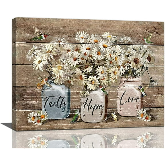 Rustic Bathroom Canvas Wall Art Farmhouse Bathroom Flower Daisy Hummingbird Wall Decor Country Faith Hope Love Quotes Pictures Prints Framed Modern Artwork for Home Living Room Bedroom 16"x12"