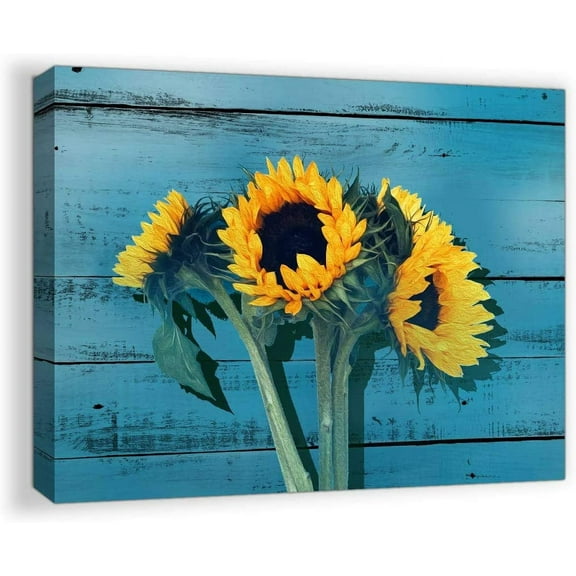 Rustic Bathroom Decor for the Home Country Wall Art for Bedroom Sunflower Themed Farmhouse Bathroom Pictures Teal Decor Kitchen Canvas Framed Artwork for Walls Blue Wooden Board Modern Home Size 12x16