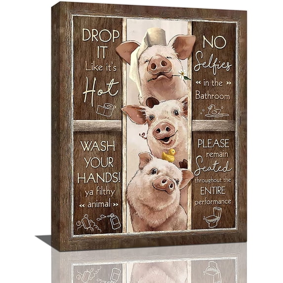Rustic Bathroom Decor Wall Art Cute Pig Pictures Canvas Print Funny Pig Animal Painting Wall Decor Modern Home Artwork Bathroom Decoration for Bedroom Living Room 12"x16"