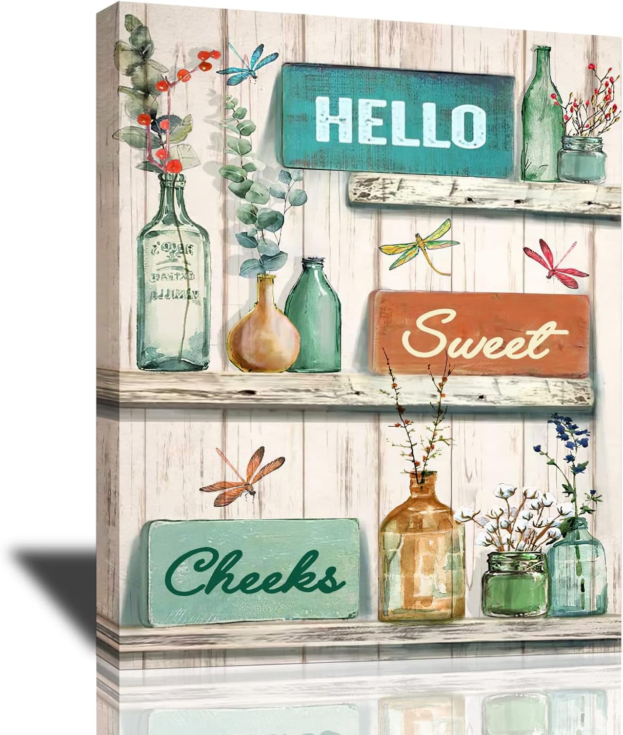 Rustic Bathroom Decor Wall Art Floral Dragonfly Canvas Prints Painting Farmhouse Plants Pictures Country Framed Artwork for Living Room Bedroom 12"x16"