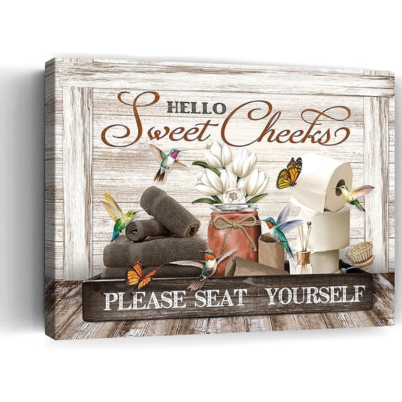 Rustic Bathroom Decor Wall Art Hello Sweet Cheeks Bathroom Sign Pictures Wall Decor Hummingbird and Butterfly Rolls Paper Bathroom Canvas Prints Painting For Bathroom Decorations 8"X10"
