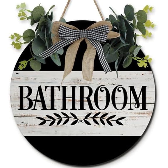Rustic Bathroom Door Signch, Funny Wreaths Hanging Wooden Plaque Decoration, Round Wood Farmhouse Porch Decor for Home Bathroom Decor for Wash Toilet