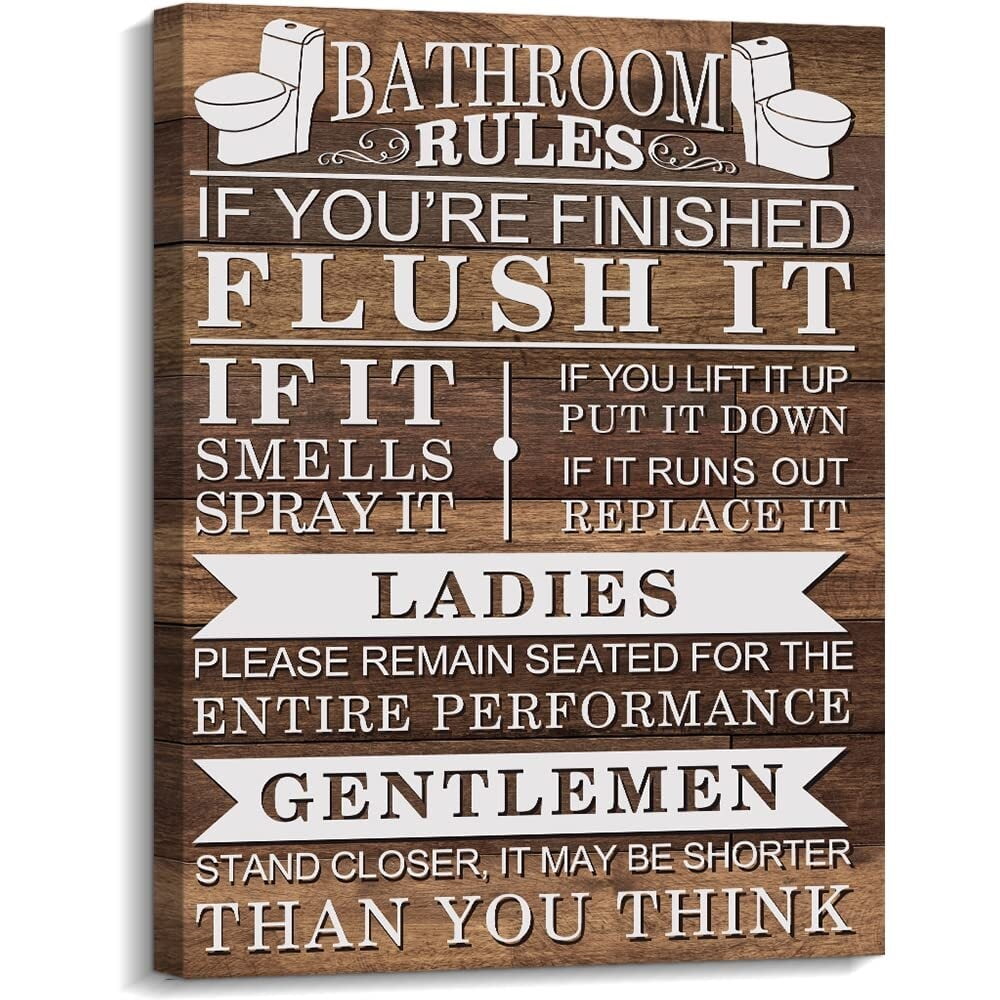 Rustic Bathroom Funny Rules Canvas Wall Art | Prints Signs for Bathroom ...