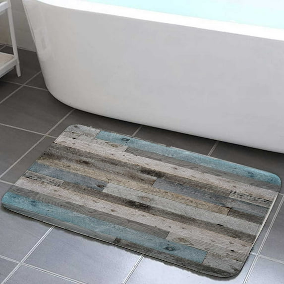Rustic Bathroom Mat, Blue Grey Wood Barn Door Bathroom Rug, Wooden bath mats for bathroom non slip for Kitchen Bedroom Indoor decor 17x29in