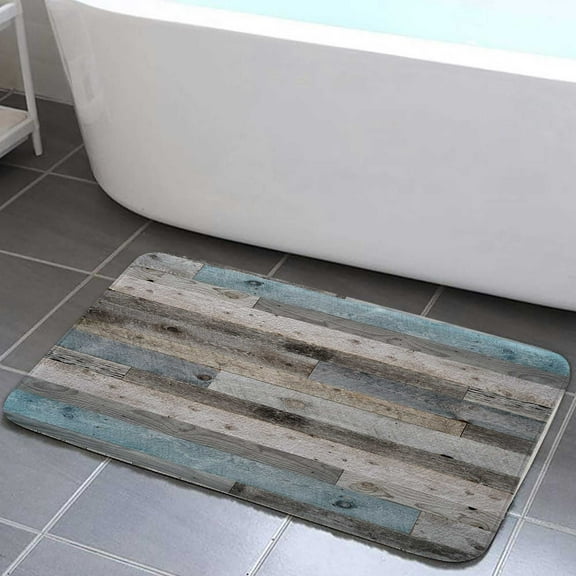 Rustic Bathroom Mat, Blue Grey Wood Barn Door Bathroom Rug, Wooden bath mats for bathroom non slip for Kitchen Bedroom Indoor decor 17x29in