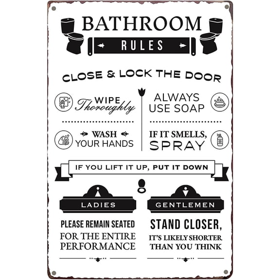 Rustic Bathroom Rules Metal Tin Sign Vintage Bath Metal Poster Sign Wall Art Decor for Farmhouse Restroom Toilet Wall Decor Plaque Size: 12 x 16 inch