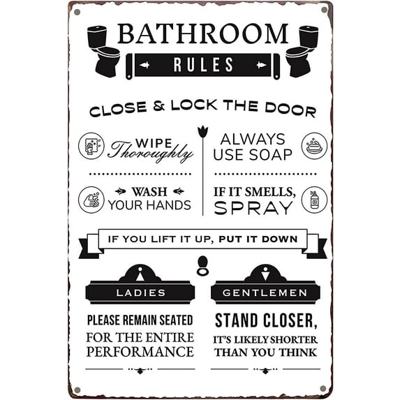 Rustic Bathroom Rules Sign Vintage Bath Metal Wall Art Farmhouse Restroom Wall Decor Toilet Decorations 8X12Inch