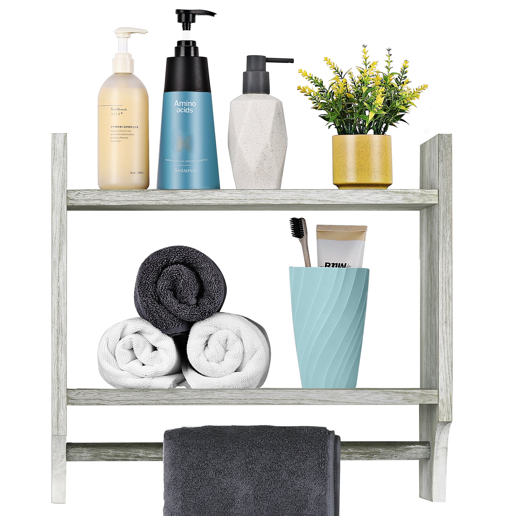 KES Bathroom Shelf with Bar Wall Mounted, 2-Tier Industrial Wooded Rustic  Wall Shelf Over Toilet Rack with Double Adjustable Bar Floating Shelves