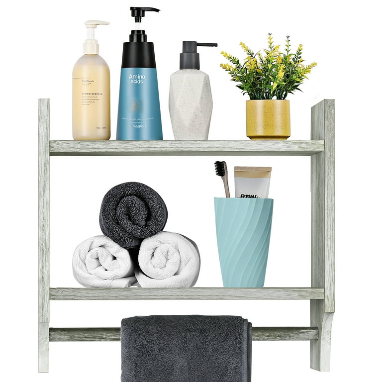 2-Tier Rustic Bathroom Shelves with Towel Bar Wall Mounted Wood