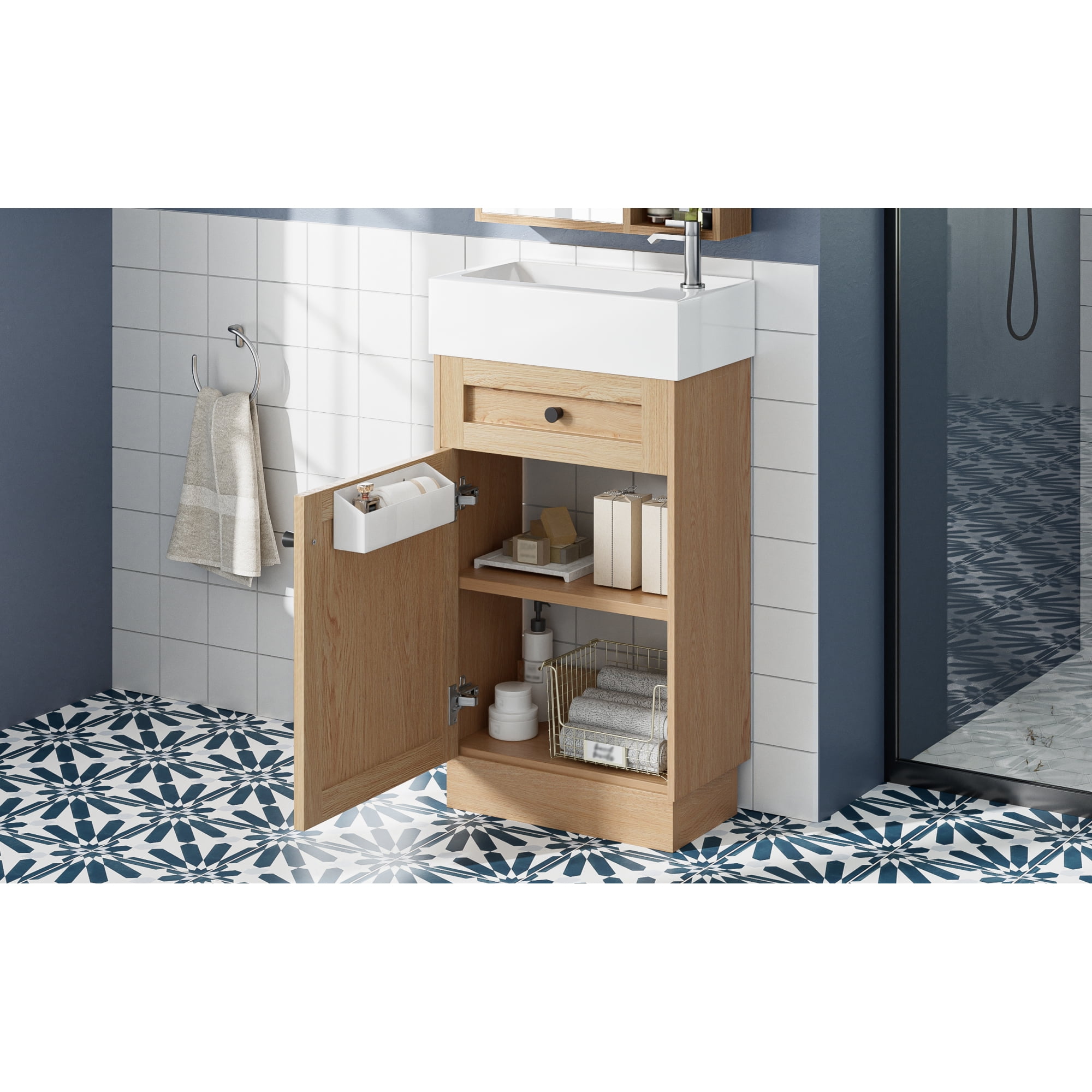 Rustic Bathroom Vanity with Reversible Resin Sink, Adjustable Shelf and Zinc Handles, 18.5" Wood Grain Melamine