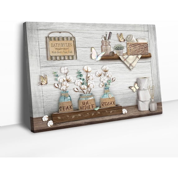 Rustic Bathroom Wall Art Cotton Flower Canvas Prints Relax Soak Unwine Bathroom Decor Bathroom Sign Flower Bathroom Decor Wall Decor For Bathroom Framed Home Decorations Ready To Hang 12x16 Inch