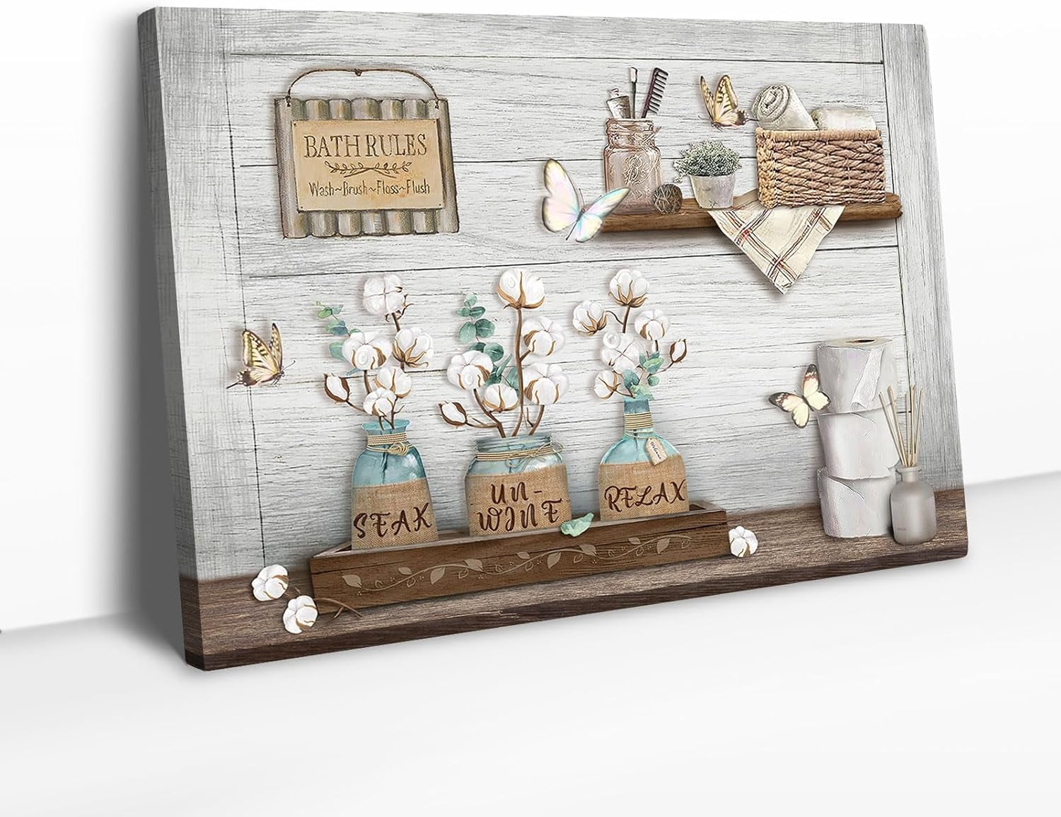 Rustic Bathroom Wall Art Cotton Flower Canvas Prints Relax Soak Unwine Bathroom Decor Bathroom Sign Flower Bathroom Decor Wall Decor For Bathroom Framed Home Decorations Ready To Hang 12x16 Inch