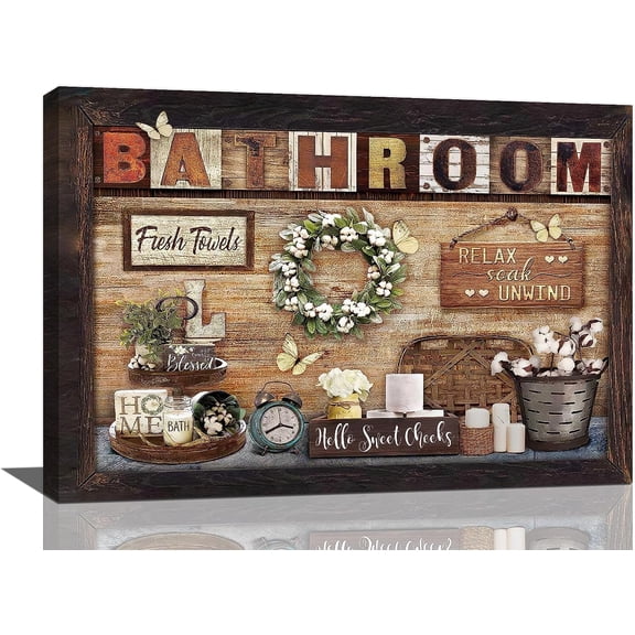 Rustic Bathroom Wall Art Farmhouse Bathroom Pictures Wall Decor Cotton Flowers Canvas Relax Soak Unwind Painting Prints Framed Artwork for Bathroom Laundry Room 12"x16"