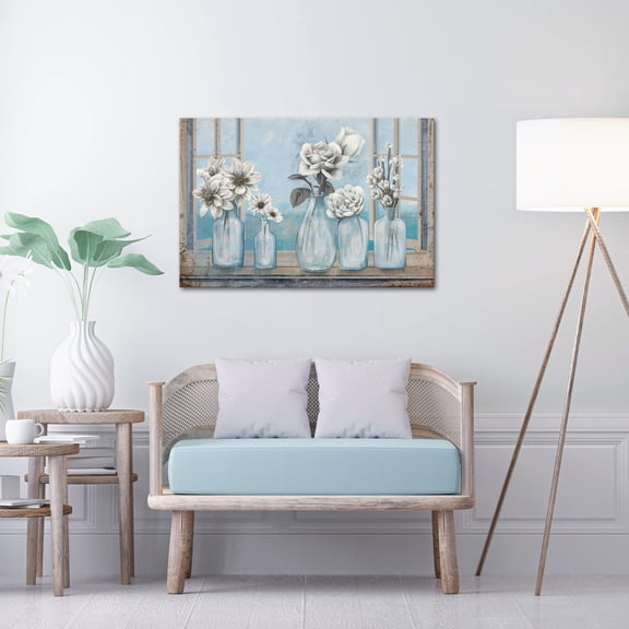 Rustic Bathroom Wall Art Farmhouse Flower Bathroom Pictures Wall Decor Floral in Vase Canvas Prints Painting Country Window Framed Artwork for Living Room Bedroom Bathroom Ready to Hang 24"x36"