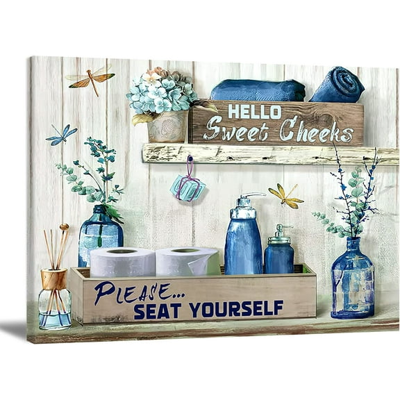 Rustic Bathroom Wall Art Farmhouse Toilet Wall Decor Funny Bathroom Quotes Poster Yellow Flower Canvas Prints Bathroom Rules Wall Art for Restroom Living Room Home Decor 24x16 Inch No Frame