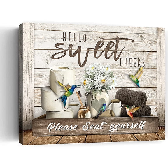 Rustic Bathroom Wall Art Hummingbird Rolls Paper Bathroom Canvas Prints Hello Sweet Cheeks Bathroom Sign Bathroom Pictures Wall Decor For Bathroom Framed Home Decorations Ready To Hang 12x16 Inch