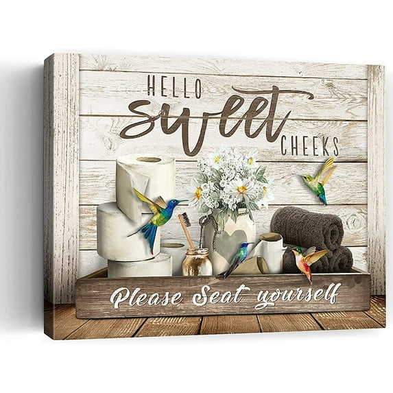 Rustic Bathroom Wall Art Hummingbird Rolls Paper Bathroom Canvas Prints Hello Sweet Cheeks Bathroom Sign Bathroom Pictures Wall Decor For Bathroom Framed Home Decorations Ready To Hang 12x16 Inch