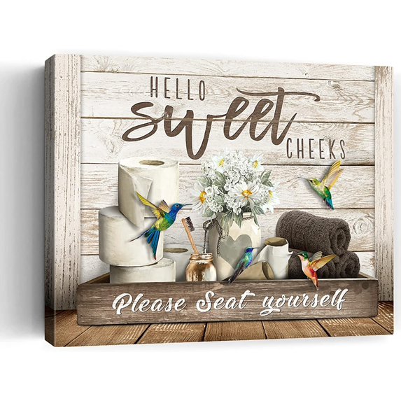 Rustic Bathroom Wall Art Hummingbird Rolls Paper Bathroom Canvas Prints Hello Sweet Cheeks Bathroom Sign Bathroom Pictures Wall Decor For Bathroom Framed Home Decorations Ready To Hang 12x16 Inch