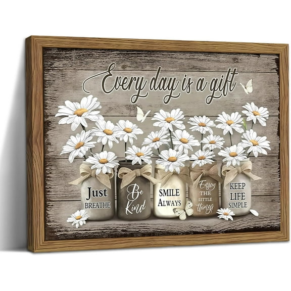 Rustic Bathroom Wall Art, Vintage Daisy Farmhouse Canvas Wall Decor Paintings, Flower Butterfly Inspirational Posters Prints Pictures Artwork for Bathroom Restroom 12x16 Inch Wood Framed