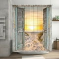 thumbnail image 1 of Rustic Beach Coastal Shower Curtain, Beach Seaside Ocean Rv Hawaiian Sea Sunset Narrow Barn Door Scenery Shower Curtain, Teal Rustic Barn Door Bathroom Shower Curtain with Hooks, 60X70IN, 1 of 3