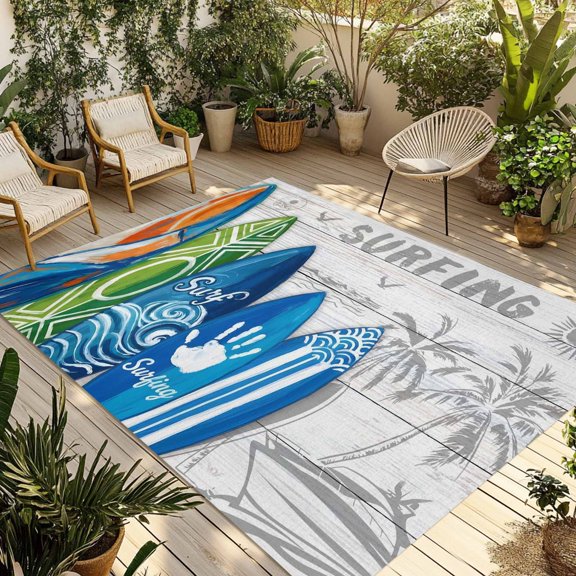 Rustic Beach Outdoor Rug for Patio/Deck/Porch, Non-Slip Large Area Rug 3 x 5 Ft, Tropical Surfboard Palm Tree Wooden Grain Indoor Outdoor Rugs Washable Area Rugs, Reversible Camping Rug Carpet Runner