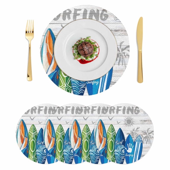 Rustic Beach Round 13 Inch Placemats Set of 4, Tropical Surfboard Palm Tree Wooden Grain HeatResistant Non Slip Place Mats for Dining Table, Wipeable Braided Kitchen Table Mats for Housewarming