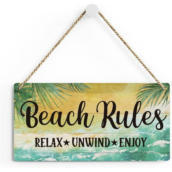 Rustic Beach Rules Wood Decor Sign, Summer Beach Printed Wood Sign Wall Art, Hanging Door Sign, Decorative Wood Sign Home Outdoor Decor 10x5 Inch