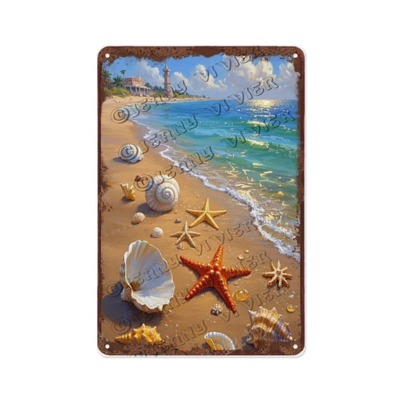 Rustic Beach Shell Wall Decor 12x16 Inch Inspirational Nautical Aluminum Sign for Balcony, Porch, or Bathroom | Great Housewarming Gift for Beach and Ocean Enthusiasts