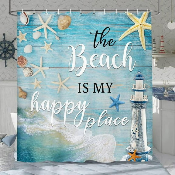 Rustic Beach Shower Curtain, Blue Teal Seashell Starfish Coastal Relax Summer Country Farmhouse Fabric Bathroom Curtains, Ocean Bathroom Shower Curtain with 12PCS Hooks, 70X75IN