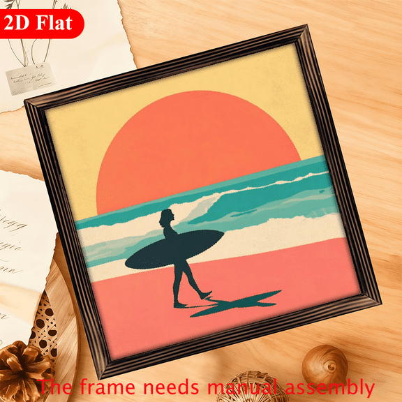 Rustic Beach Surfer Wooden Framed Sign12x12 Inch Sunset Surfboard Art, Warm-Toned Coastal Wall Decor for Kitchen, Bathroom, Living Room, or Farmhouse Style Home Decoration, Beach Theme Deco