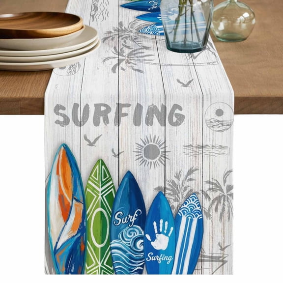 Rustic Beach Table Runner 36 Inches, Tropical Surfboard Palm Tree Wooden Grain Bed Runner Dresser Scarves Tabletop for Indoor Outdoor Parties/Ceremony/Banquet, 13"x 36"