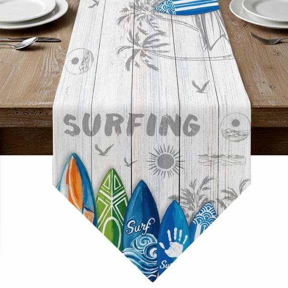 Rustic Beach Table Runner Linen Burlap Table Runner 90 Inches Long Tropical Surfboard Palm Tree Wooden Grain Dresser Scarves for Kitchen Island Coffee Dining Room Party Wedding Holiday Decor 13"x90"