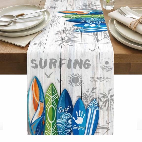 Rustic Beach Table Runner Tropical Surfboard Palm Tree Wooden Grain Tablerunners 13 x 36 Inch, Table Decorations Tabletop Scarf for Summer Gathering Holiday Farmhouse Kitchen Dining Decor
