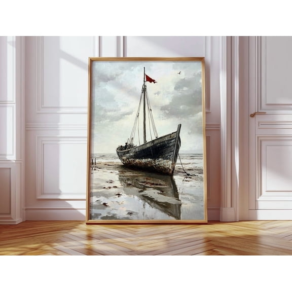 Rustic Beached Boat Wall Art – Vintage Ship With Red Flag On Stormy Shore – Nautical Coastal Print For Rustic Or Industrial Decor Wall Art Modern Wall Decor