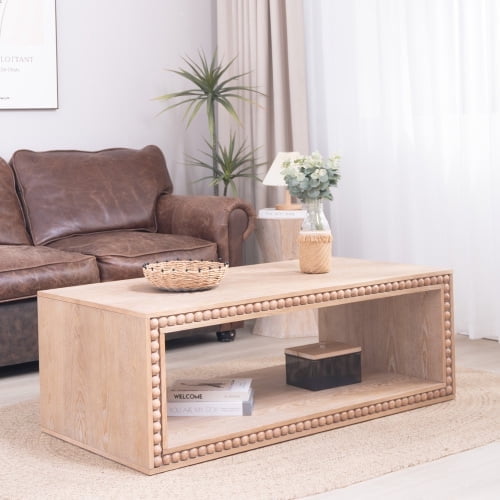 Rustic Beaded Edge Coffee Table – 47.6" Rectangular Center Table with Open Storage Shelf, Natural Finish, Modern Farmhouse Style