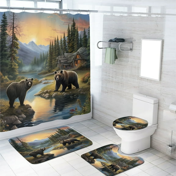 Rustic Bear 4 Pcs Shower Curtain Set Country Cabin Forest Farmhouse Bathroom Decor Set with Accessories, Waterproof Shower Curtain for Bathtub Decor, 72x72 Inch