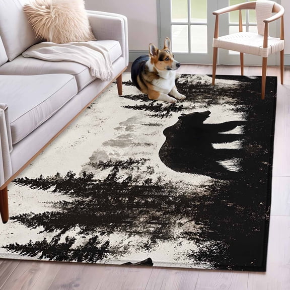 Rustic Bear Area Rug 4x6 FT, Non Slip Kids Room Carpet, Vintage Country Wildlife Forest Mountains Washable Soft Floor Carpet Non-Shedding Throw Rug for Dorm Kitchen Study Room Home Office Bedside