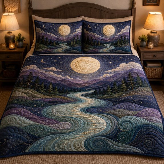 Celestial Moon River Quilted Bedding Set, Night Forest Bedspread