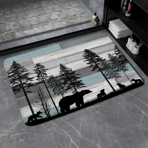 Rustic Bear Bathroom Rugs Cabin Retro Wooden Board Tree Fall Autumn Forest Farmhouse Country Camping Hunting Nature Safari Wild Animal Bath Mat Bedroom Kitchen Toilet Floor Doormat 17.8x29.5 in
