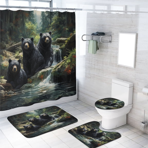Rustic Bear Bathroom Sets with Shower Curtain and Rugs and Accessories Forest Animals Hunting Cabin Tropical Jungle Trees Bathroom Decor Bath Curtain with Rugs Toilet Lid Cover Bath Mat, 72x72 Inch