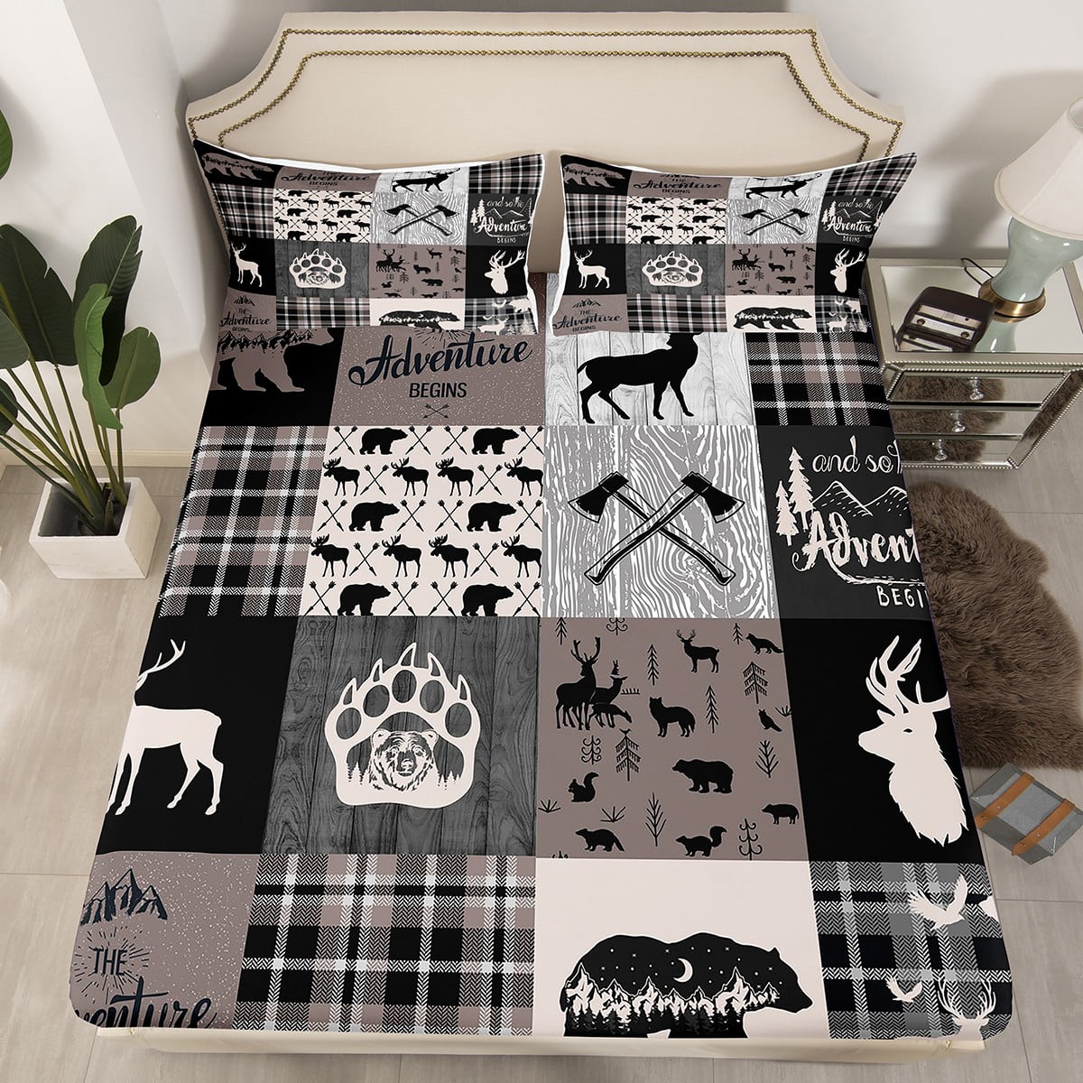 Rustic Bear Bed Sheets Twin Size, Hunting Deer Elk Fitted Sheet Western