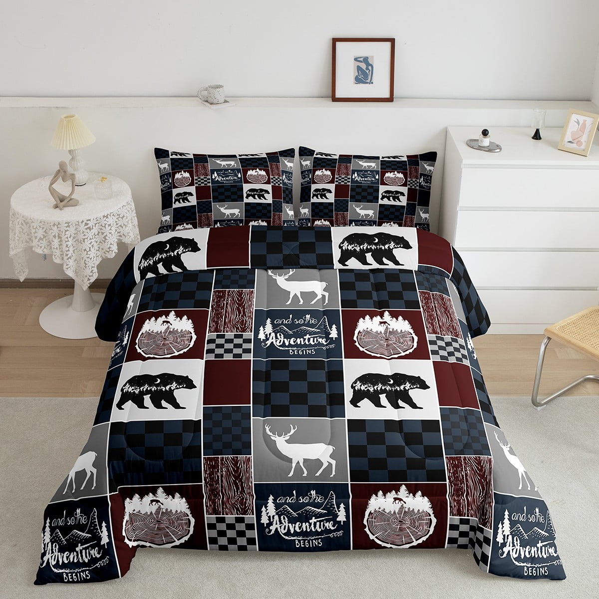 Rustic Bear Bedding Comforter Sets, Farm Country Vintage Comforter Set Hunting Cabin Wooden