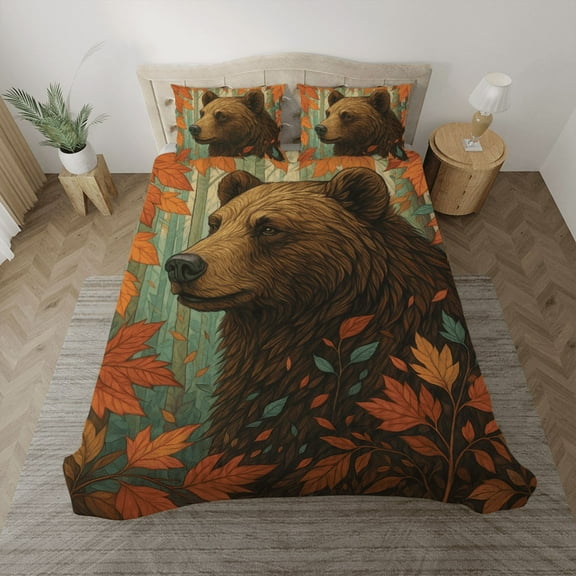 Rustic Bear Bedding Set – Autumn Forest Duvet Cover with Pillowcases – Nature Wildlife Design –– Twin/Full/Queen/King Sizes