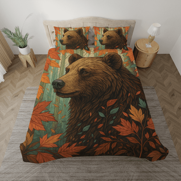 Rustic Bear Bedding Set – Autumn Forest Duvet Cover with Pillowcases – Nature Wildlife Design
