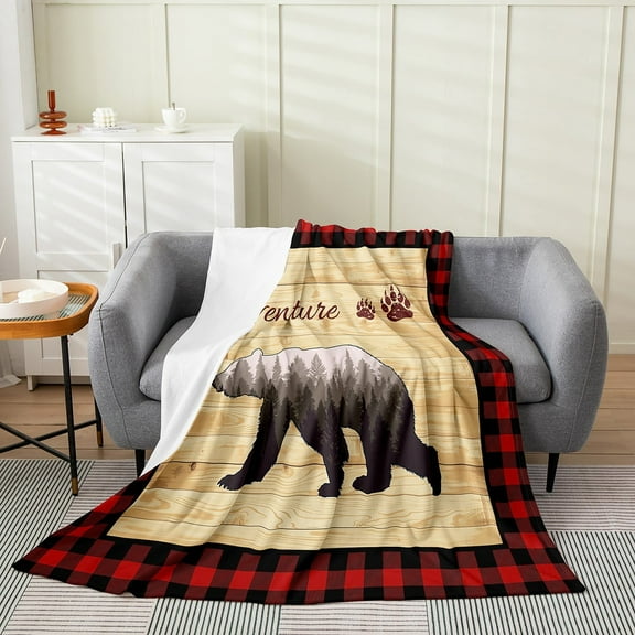 Rustic Bear Blanket Queen 90x90,Wild Animal Hunt Throw Blanket,Bear Paw Fleece Blanket For Home Room Decor,Adventure Themed Flannel Blanket For Travel,Classic Black Red Plaid Fuzzy Blanket,All Season