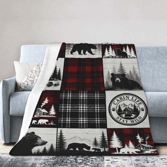 Rustic Bear Cabin Blanket Gift Throw Blanket Gift for Men Red Plaid Forest Lodge Home Decor 50x40