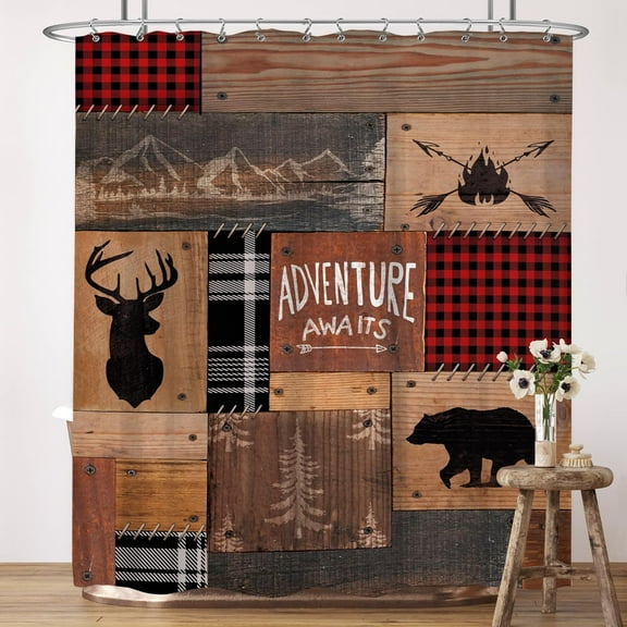 Rustic Bear Cabin Shower Curtain 72Wx72H Inches Country Lodge Deer Wildlife Woodland Animal Adventure Awaits Western Bathroom Home Decor Fabric Waterproof Polyester Set 12 Hooks